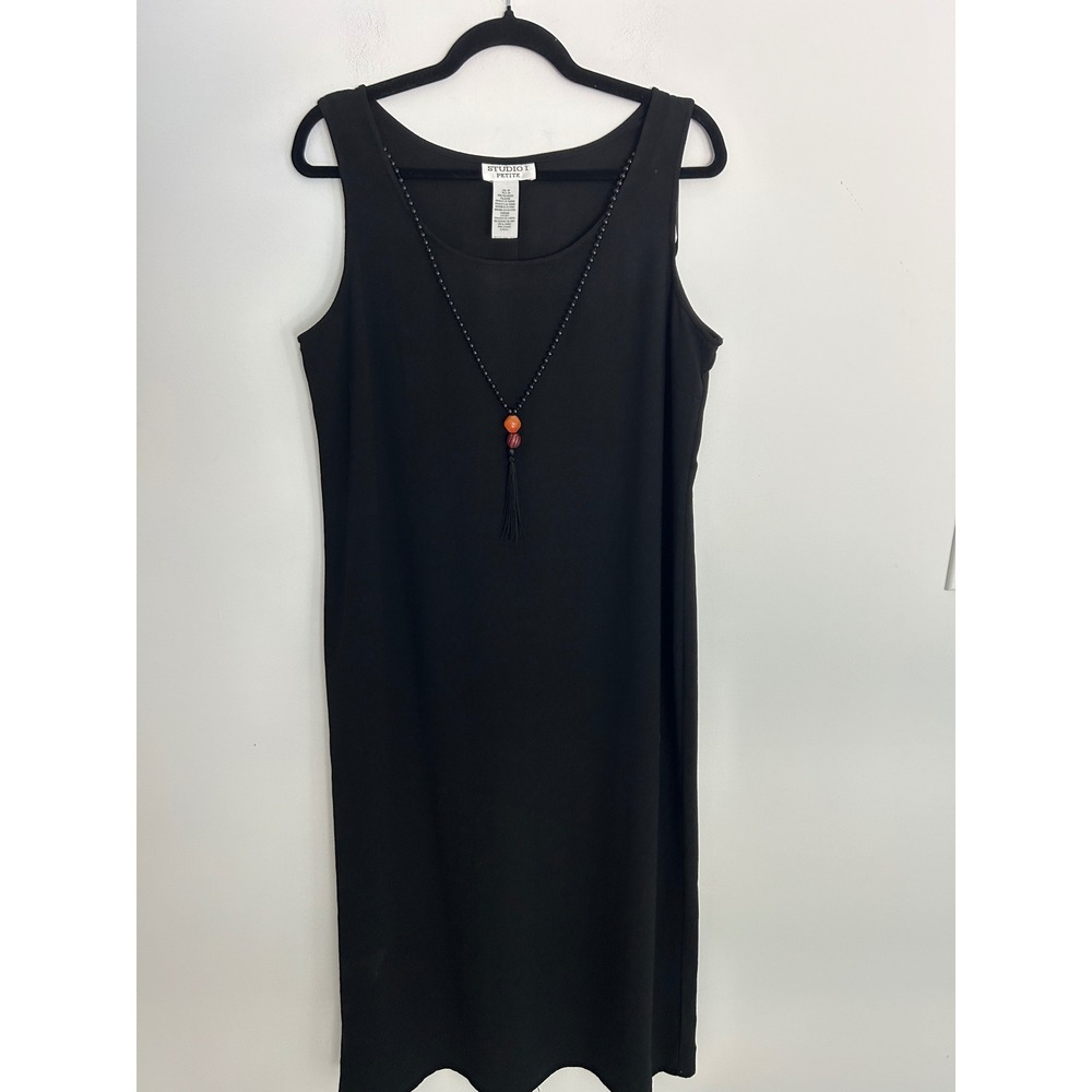 Studio I Petite Black Sleeveless Shift Dress with Beaded Tassel Necklace 14P